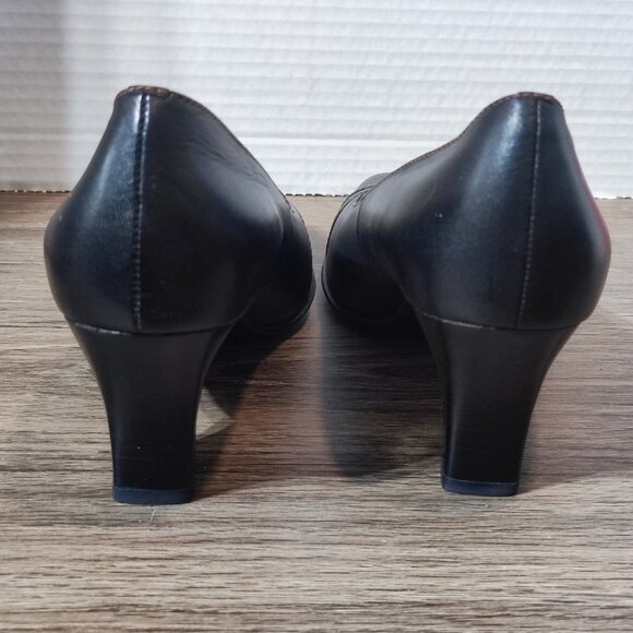 Marche-Mellow Comfort Block Heel Pumps Size 7 Black Leather Minimalist Dress - Picture 5 of 12